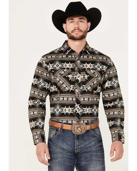 Panhandle Select Men's Southwestern Print Long Sleeve Snap Western Shirt, Black, hi-res