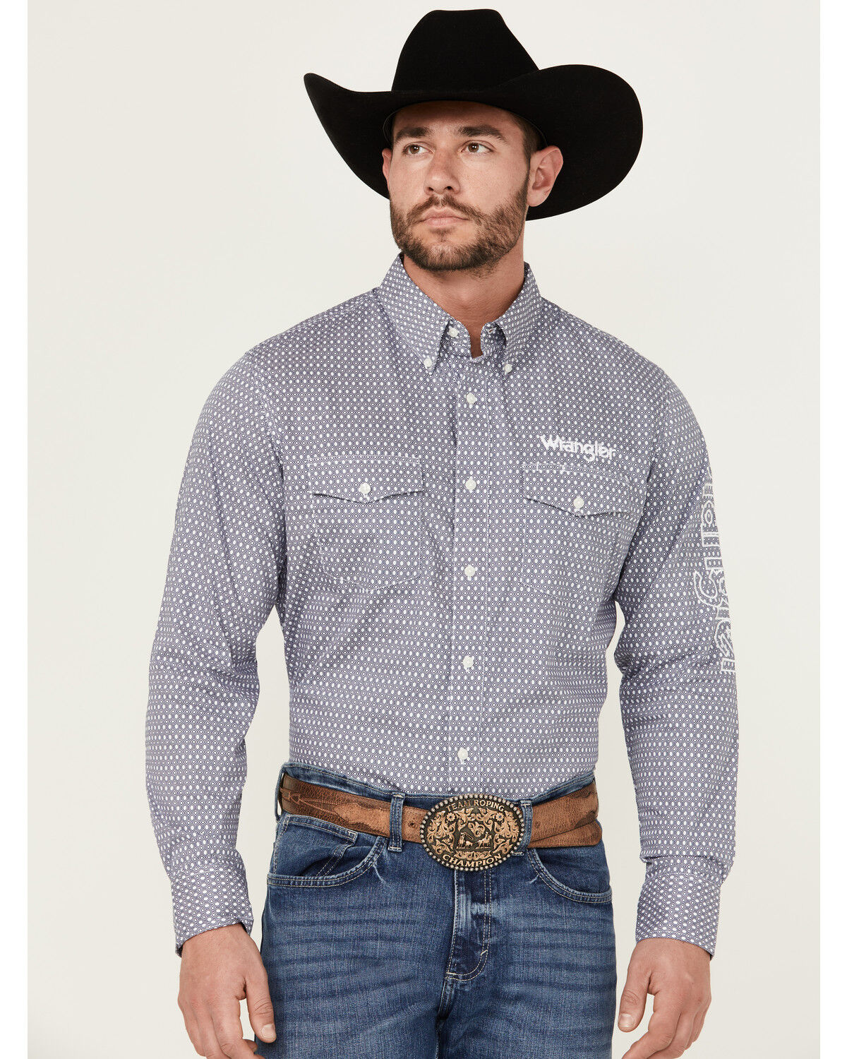 Image #2 - Wrangler Men's Geo Print Logo Long Sleeve Button-Down Western Shirt, Navy, hi-res