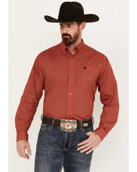 Cinch Men's Checkered Print Long Sleeve Button Down Shirt, Red, hi-res