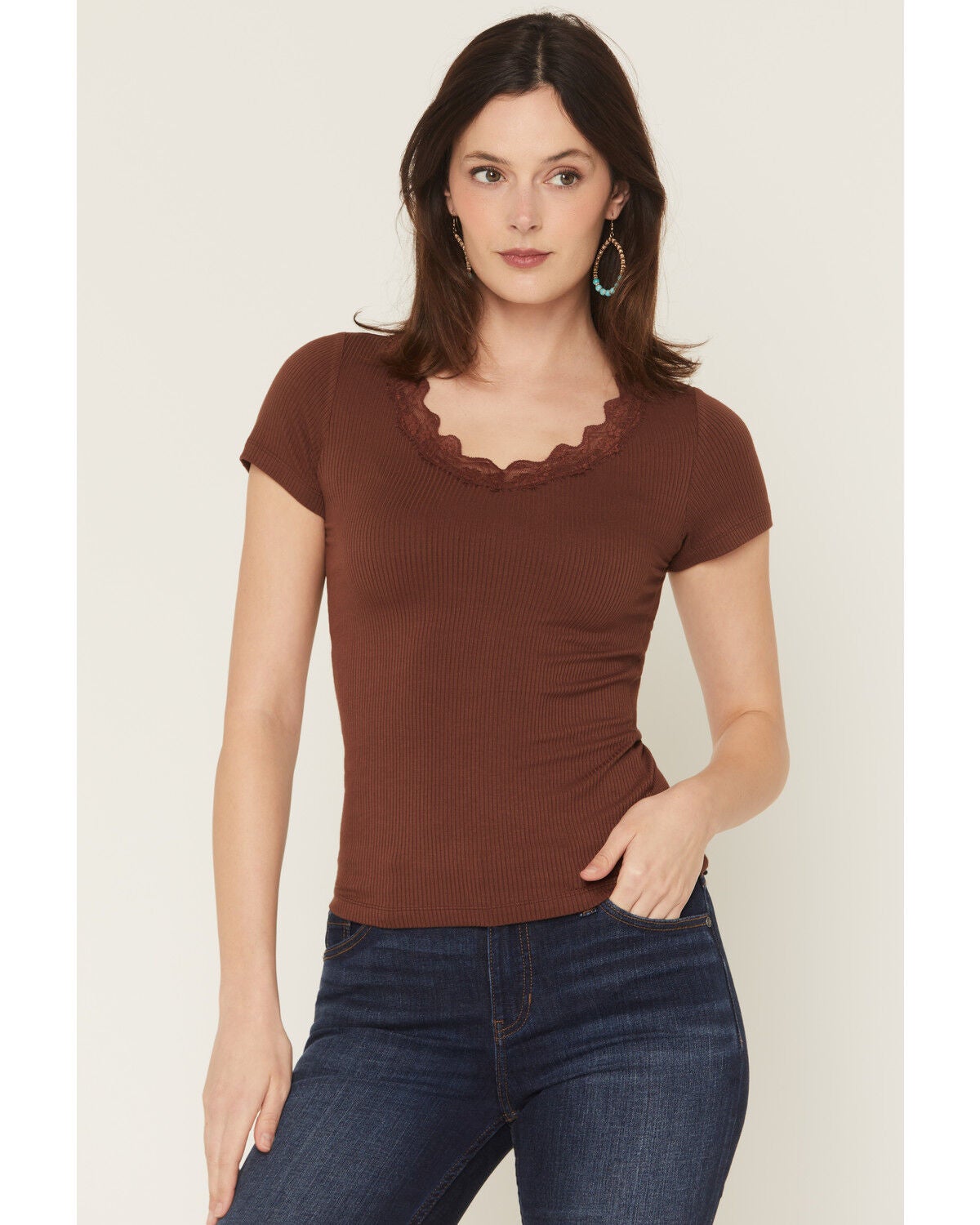 Image #1 - Blue Life Women's Lana Basic Lace V Neck Shirt, Chocolate, hi-res