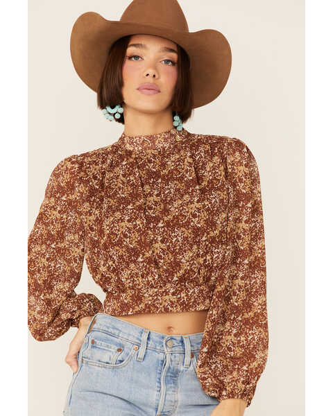 Lush Women's Brown Floral High Neck Long Sleeve Blouse , Brown, hi-res