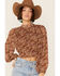 Image #1 - Lush Women's Brown Floral High Neck Long Sleeve Blouse , Brown, hi-res
