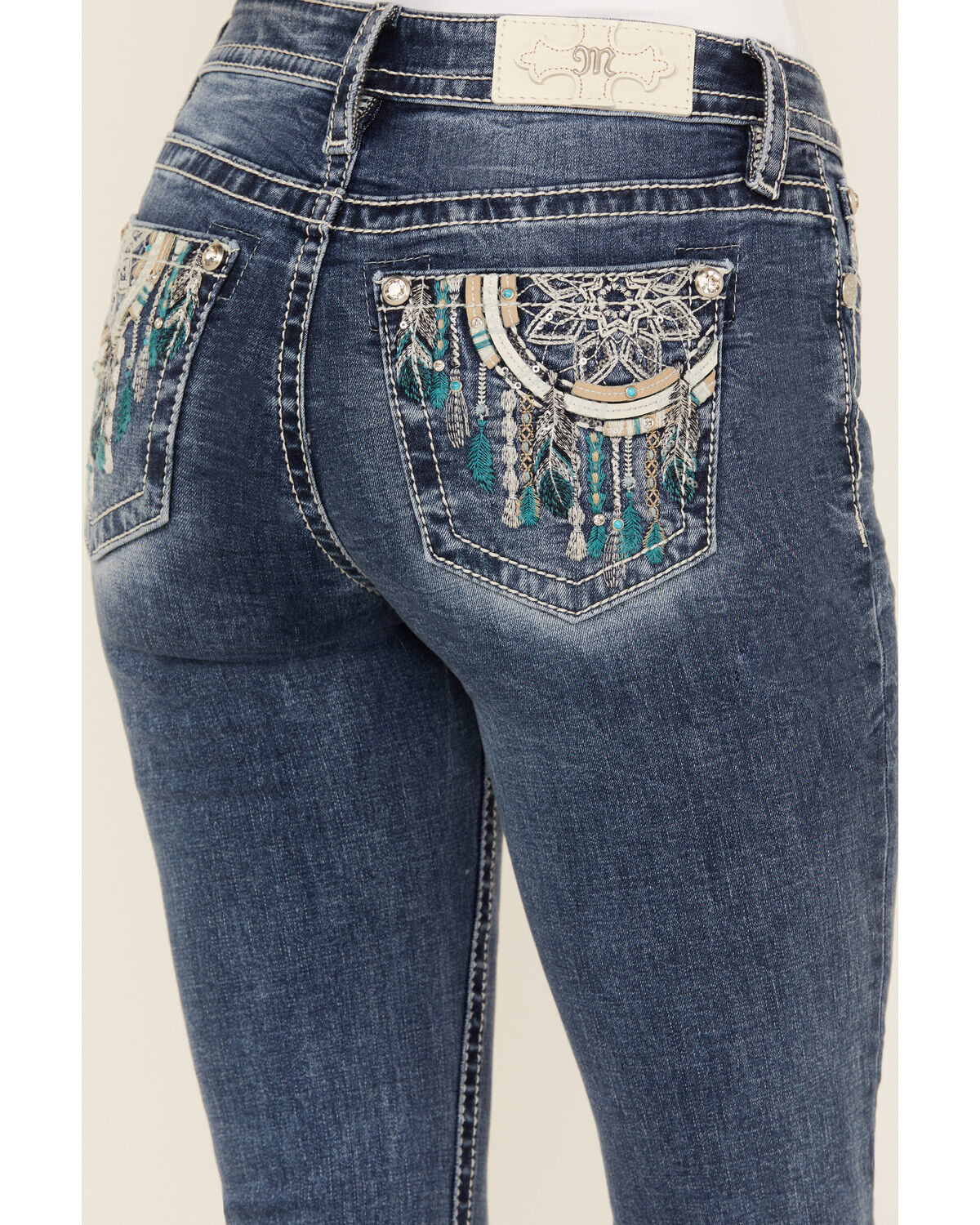 Image #2 - Miss Me Women's Dark Wash Mid Rise Dreamcatcher Pocket Bootcut Stretch Denim Jeans, Dark Wash, hi-res