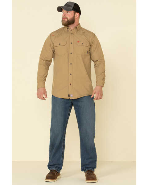Image #3 - Ariat Men's Khaki FR Solid Featherlight Long Sleeve Work Shirt , Beige/khaki, hi-res