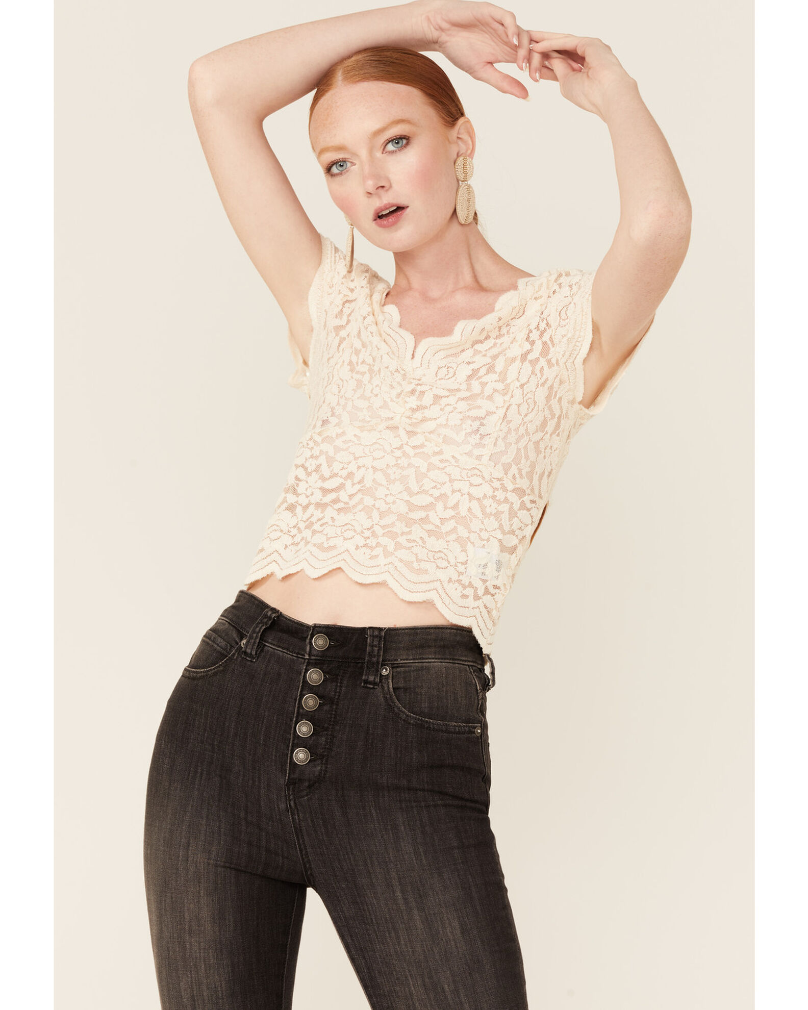 Short sleeve lace crop top on sale