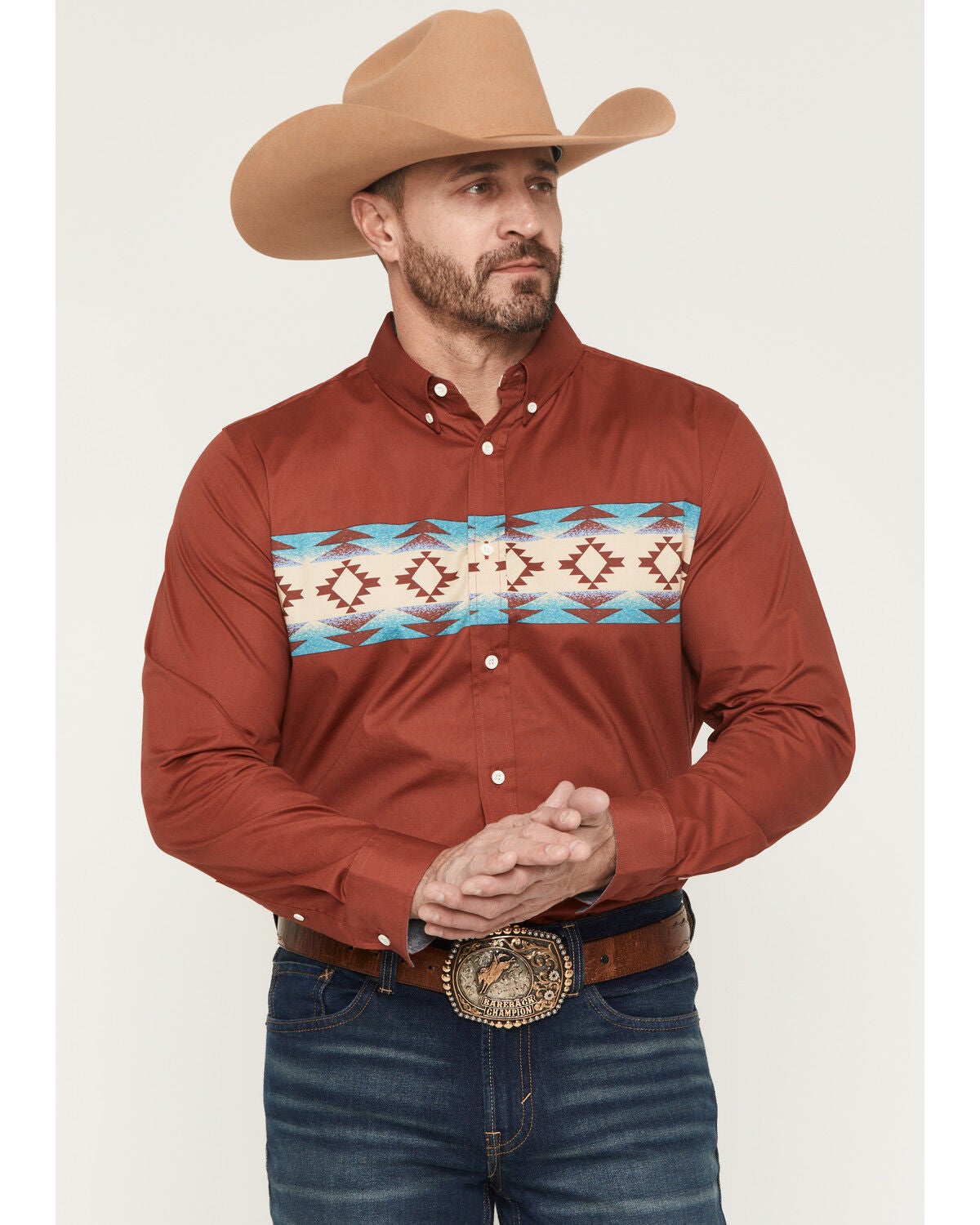 RANK 45&reg; Men's Red Rock Southwestern Border Print Long Sleeve Button-Down Stretch Western Shirt, Chilli, hi-res
