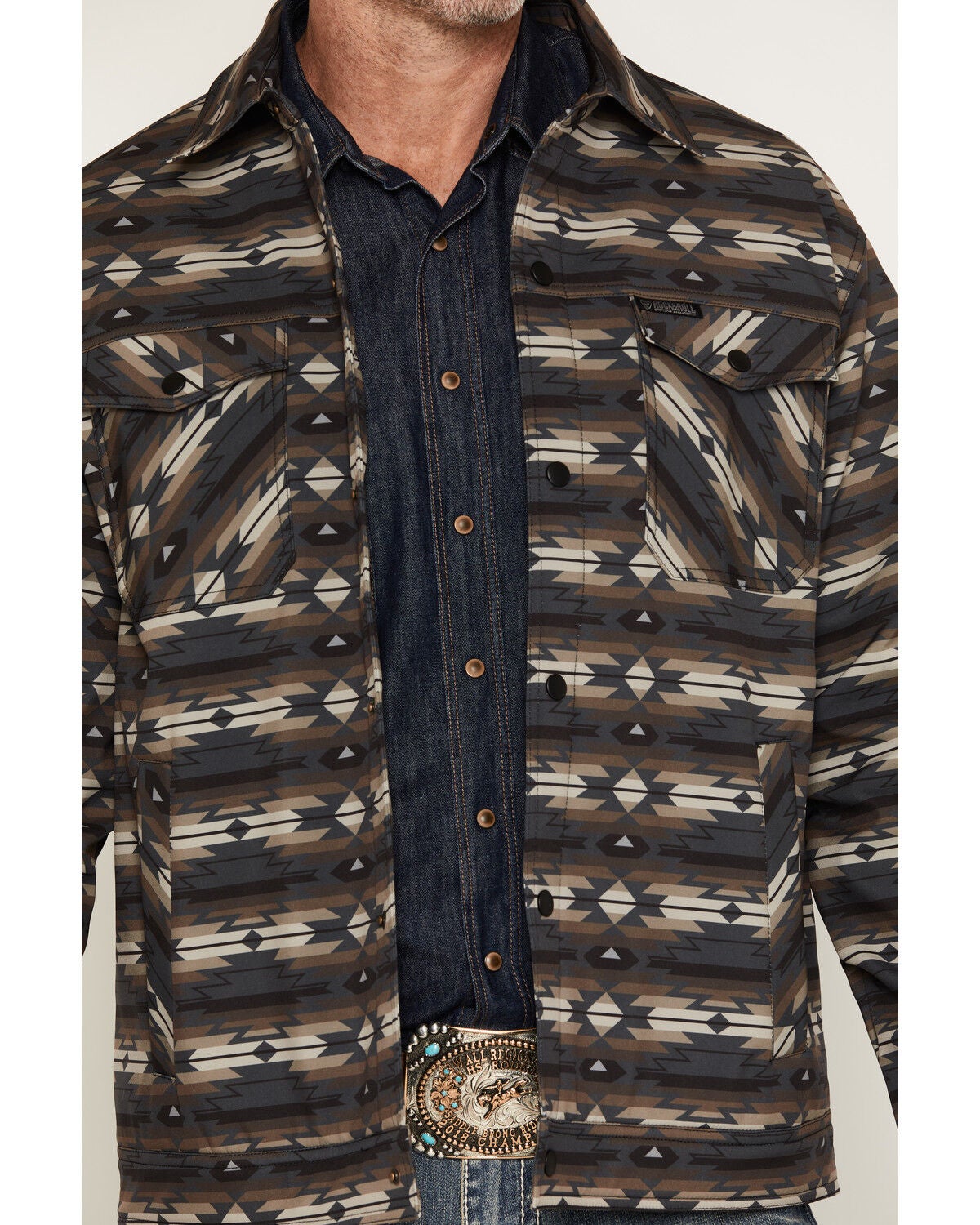 Image #3 - Rock & Roll Denim Men's Southwestern Print Softshell Trucker Jacket, Charcoal, hi-res