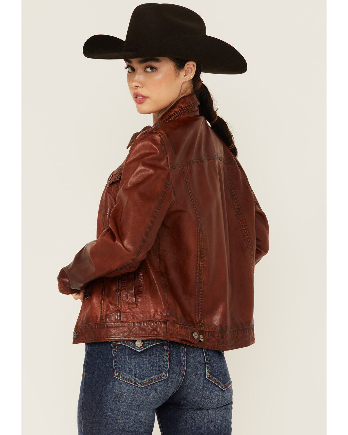 Image #4 - Scully Women's Leather Trucker Jacket, Brown, hi-res