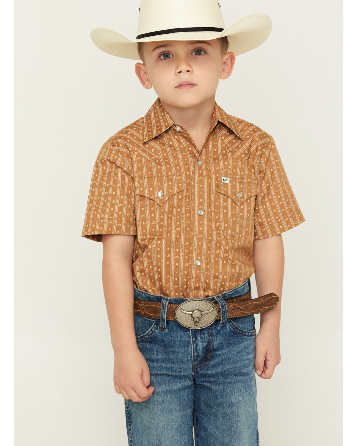 Image #1 - Ely Walker Boys' Western Print Short Sleeve Pearl Snap Western Shirt, Brown, hi-res