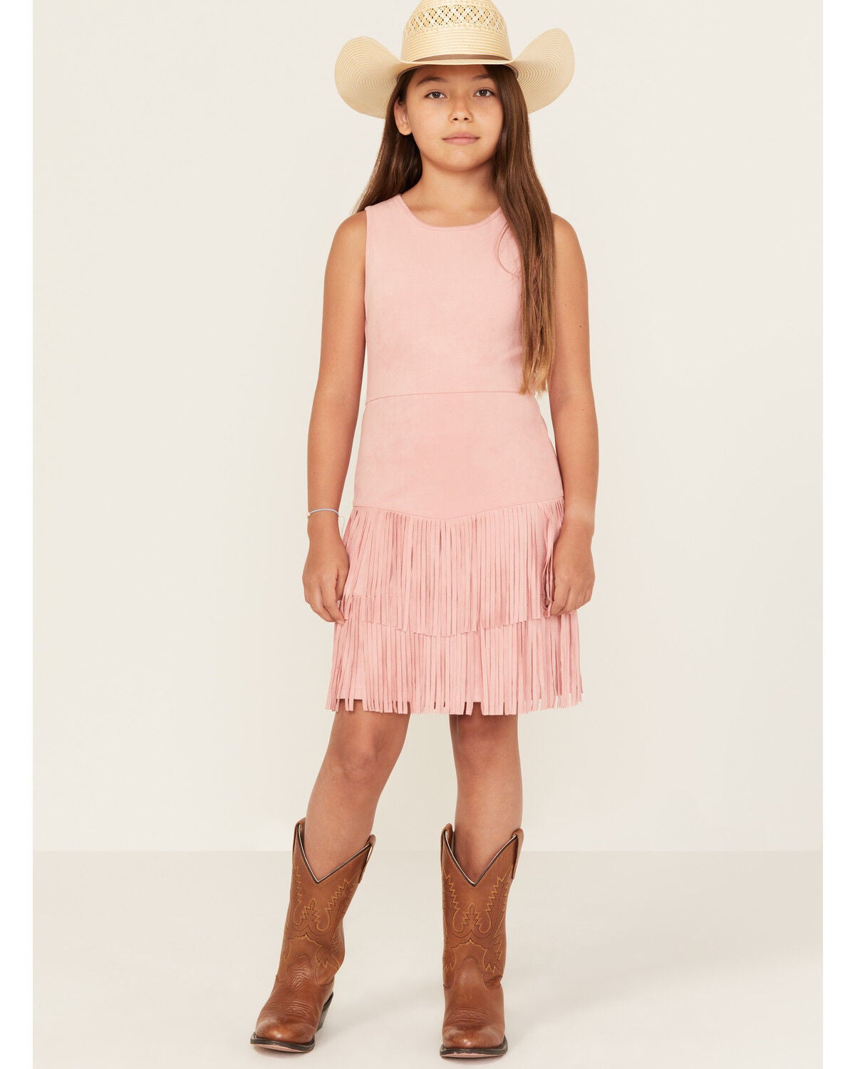 Shyanne Girls' Faux Suede Fringe Mini Dress, Pink, hi-res