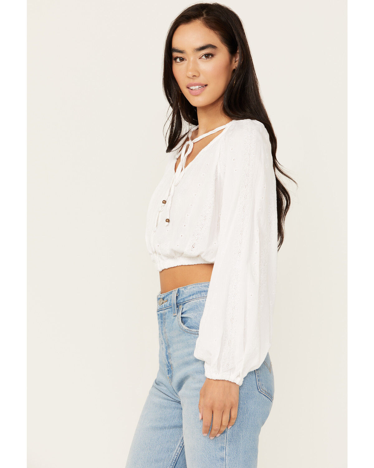 Image #2 - Angie Women's Tie Front Peasant Top, Ivory, hi-res