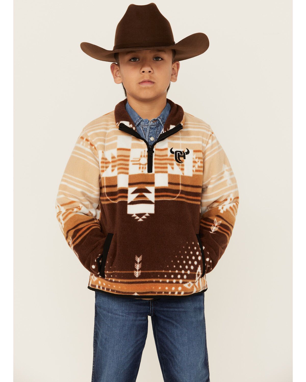 Image #1 - Cowboy Hardware Boys' Cadet Southwestern Print Polar Fleece Pullover, Brown, hi-res