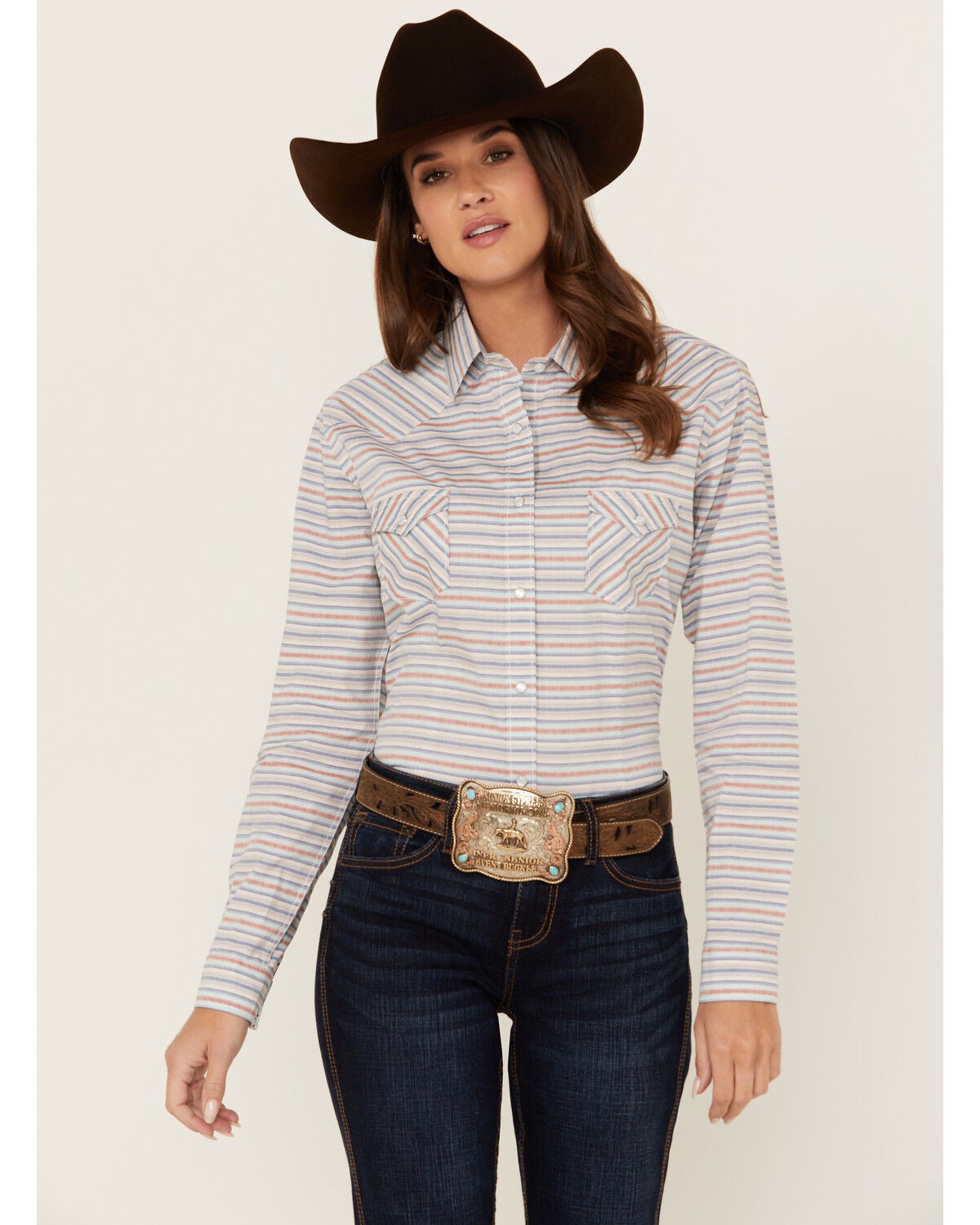 Rough Stock by Panhandle Women's Striped Long Sleeve Pearl Snap Western Shirt, Multi, hi-res