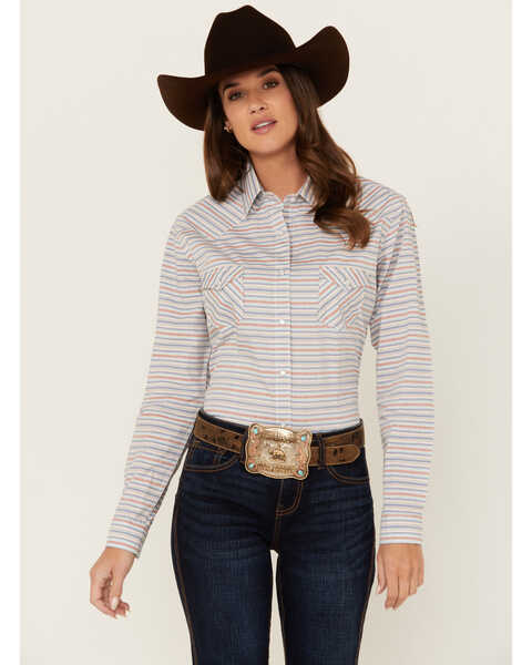 Rough Stock by Panhandle Women's Striped Long Sleeve Pearl Snap Western Shirt , Multi, hi-res