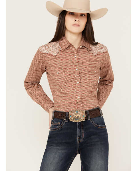Rough Stock by Panhandle Women's Geo Print Long Sleeve Western Snap Shirt, Rust Copper, hi-res