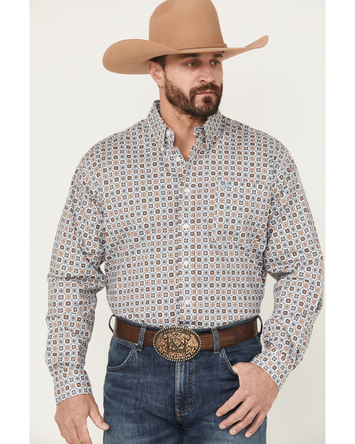 Image #1 - Cinch Men's Geo Print Long Sleeve Button-Down Western Shirt, White, hi-res