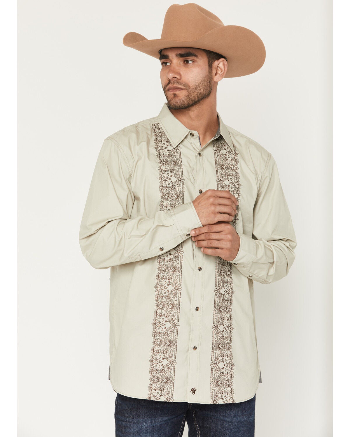 Image #1 - Moonshine Spirit&reg; Men's Heart Embroidered Long Sleeve Snap Western Shirt, Tan, hi-res