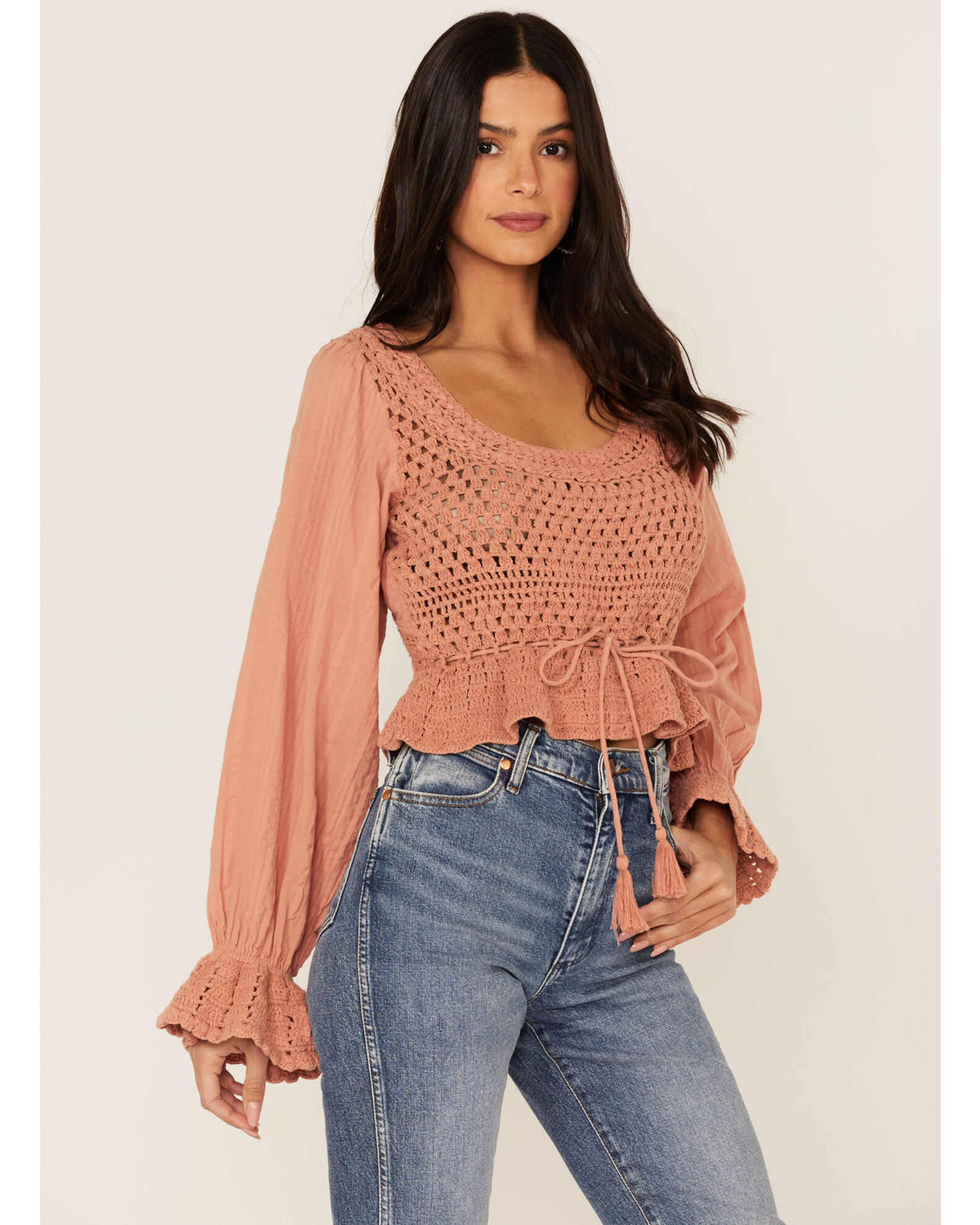 ASOS DESIGN cropped long sleeve crochet top with peplum hem in