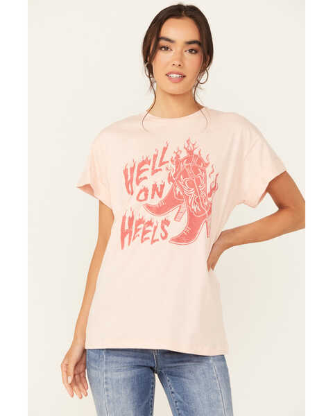 Image #1 - Youth in Revolt Women's Hell on Heels Rolled Short Sleeve Graphic Tee, Light Pink, hi-res