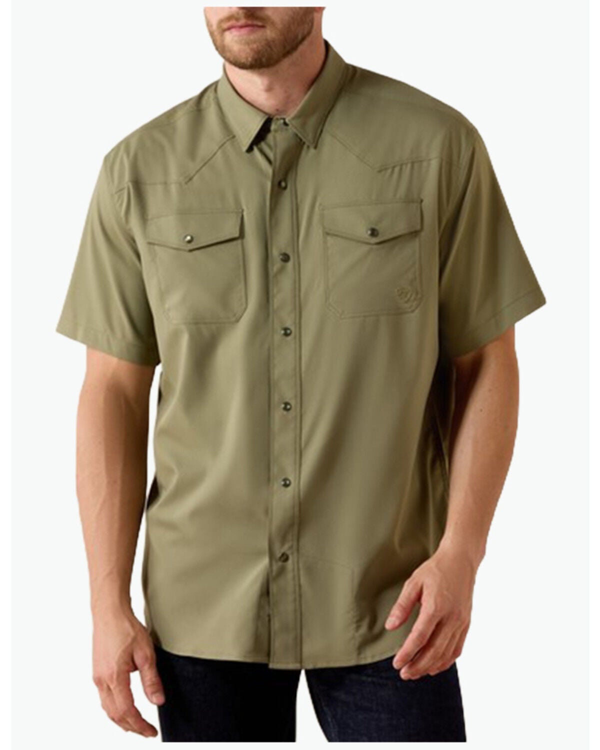 Image #1 - Ariat Men's VentTEK&trade; Solid Short Sleeve Snap Performance Shirt, Olive, hi-res