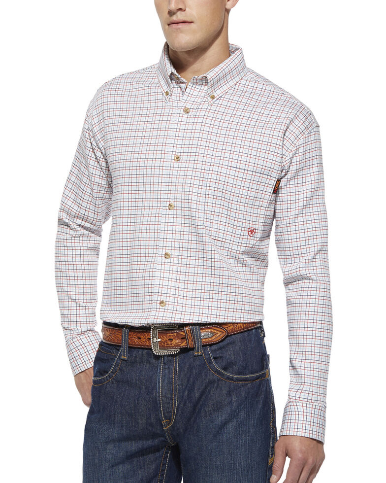 Ariat Men's Flame Resistant Gauge Plaid Long Sleeve Work Shirt - Big & Tall, White, hi-res