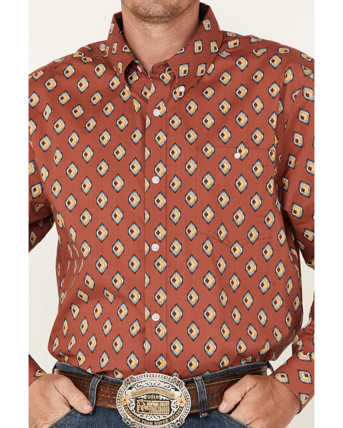 Image #3 - RANK 45® Men's Caballo Geo Print Long Sleeve Button-Down Western Shirt, Light Red, hi-res