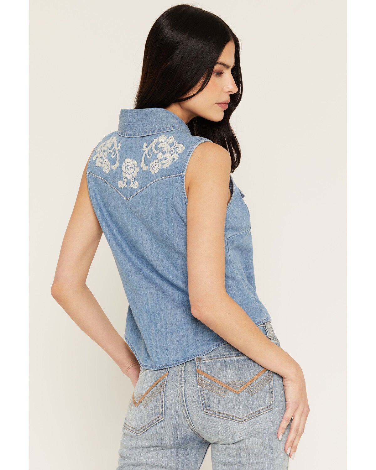 Image #4 - Idyllwind Women's Pearl Embroidered Tie-Front Sleeveless Pearl Snap Western Shirt, Medium Wash, hi-res
