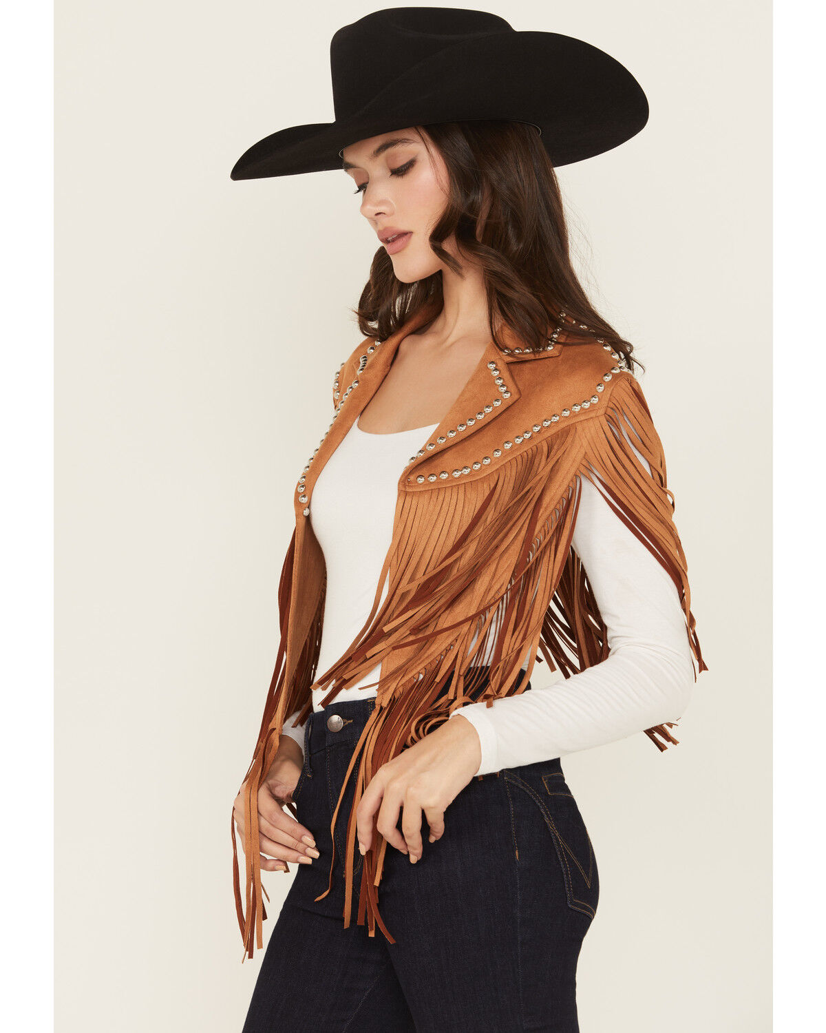 Image #2 - Saints & Hearts Women's Faux Suede Studded Cape, Brown, hi-res