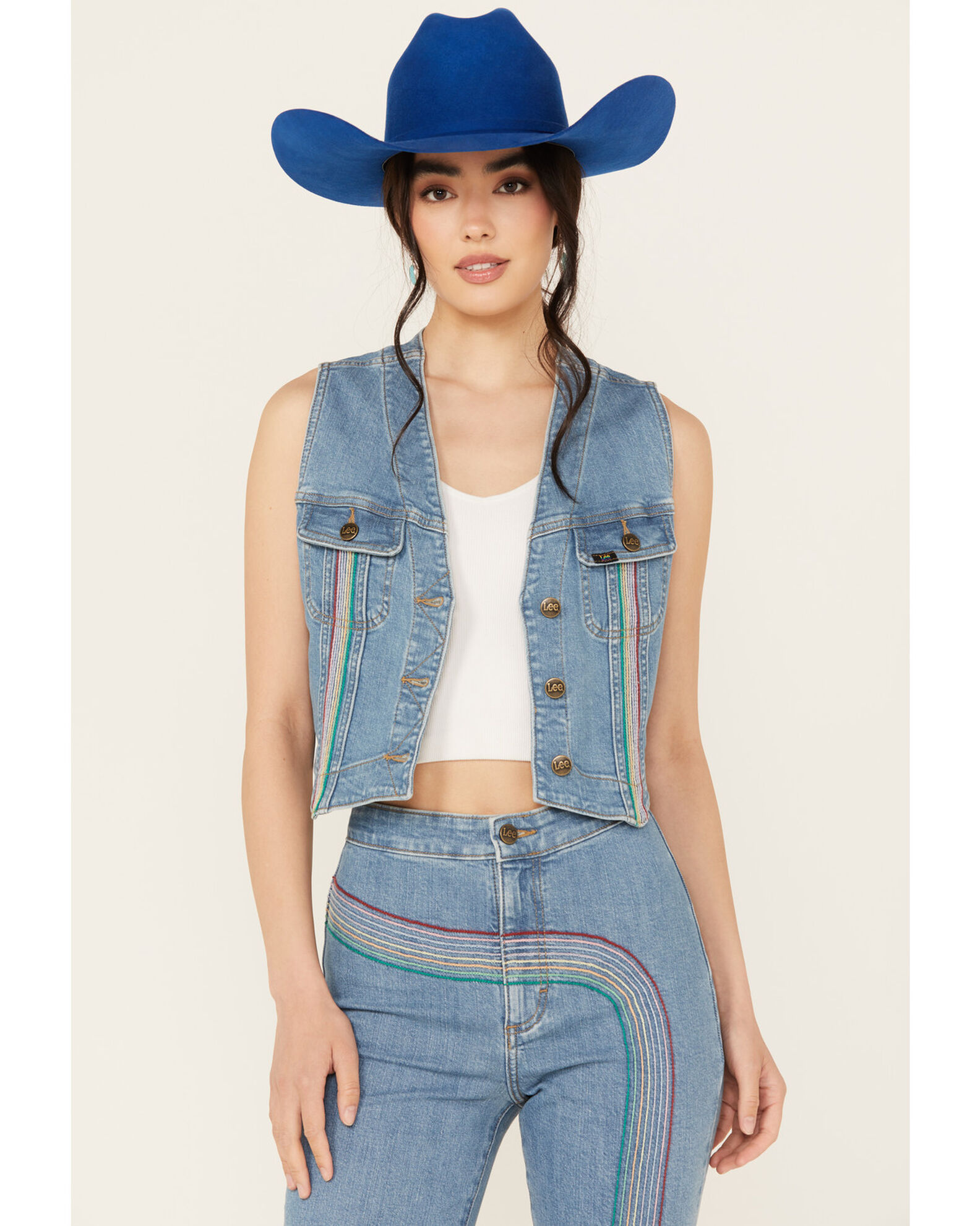 Lee Women's Light Wash Denim Button Up Rainbow Vest - Country Outfitter