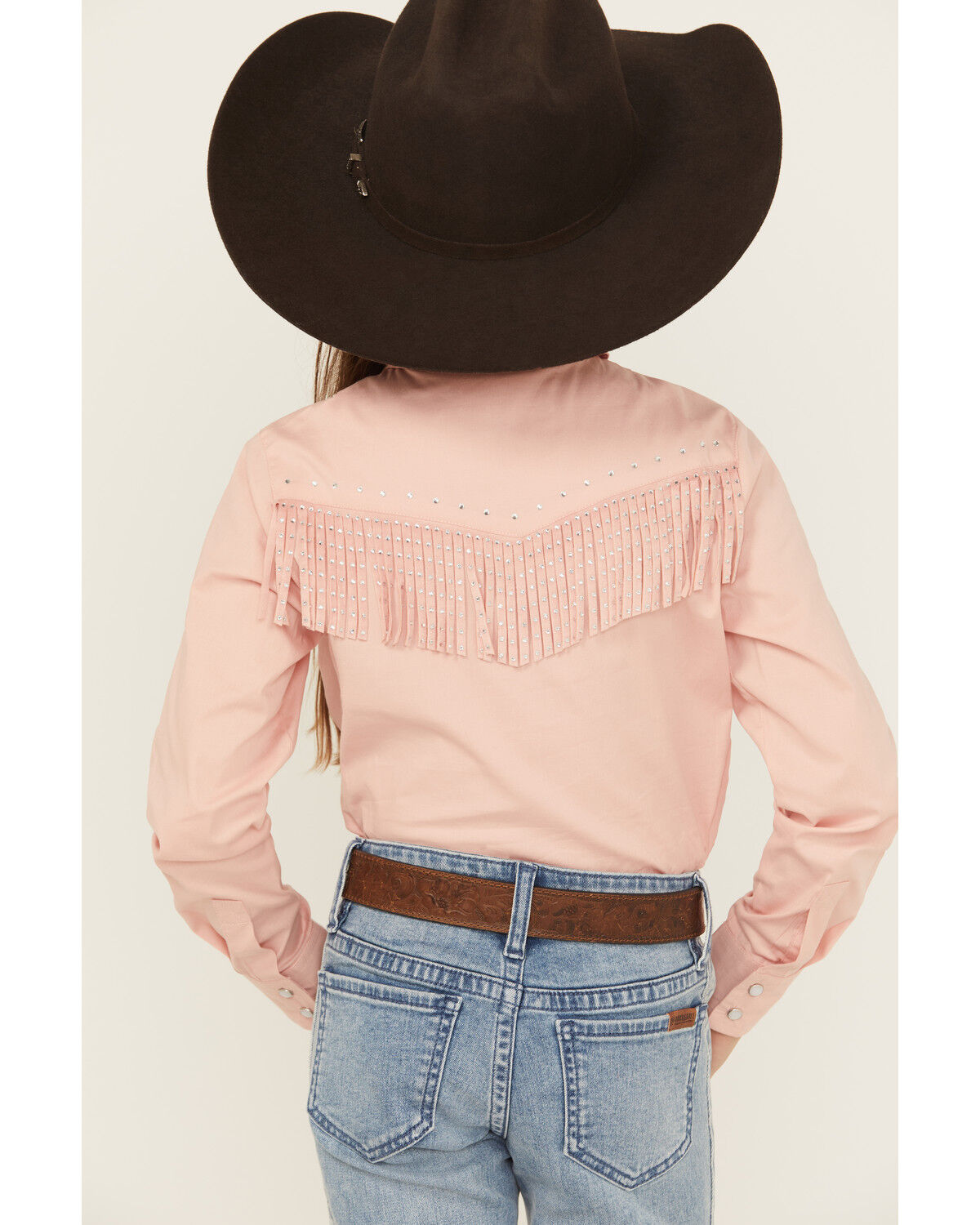 Image #4 - Shyanne Girls' Solid Rhinestone Fringe Long Sleeve Pearl Snap Stretch Western Shirt, Light Pink, hi-res