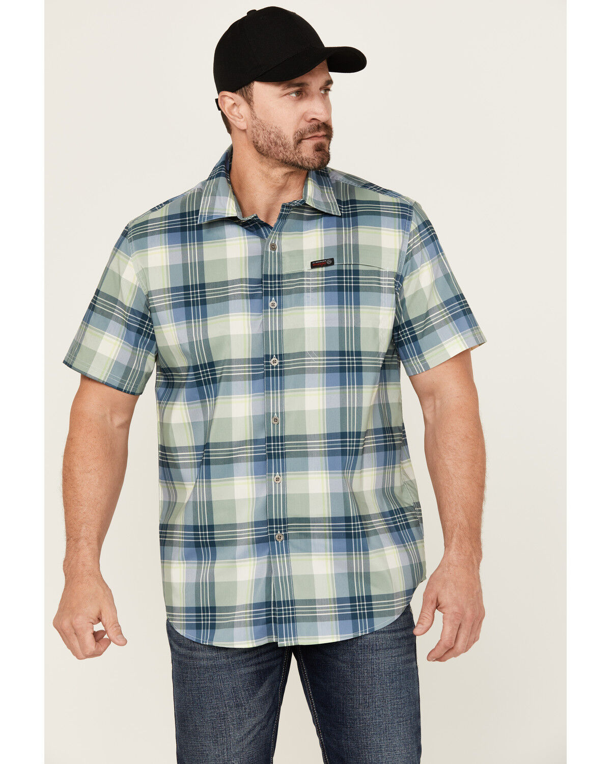Image #1 - ATG by Wrangler Cedar Plaid Print Short Sleeve Button-Down Performance Western Shirt, Light Green, hi-res
