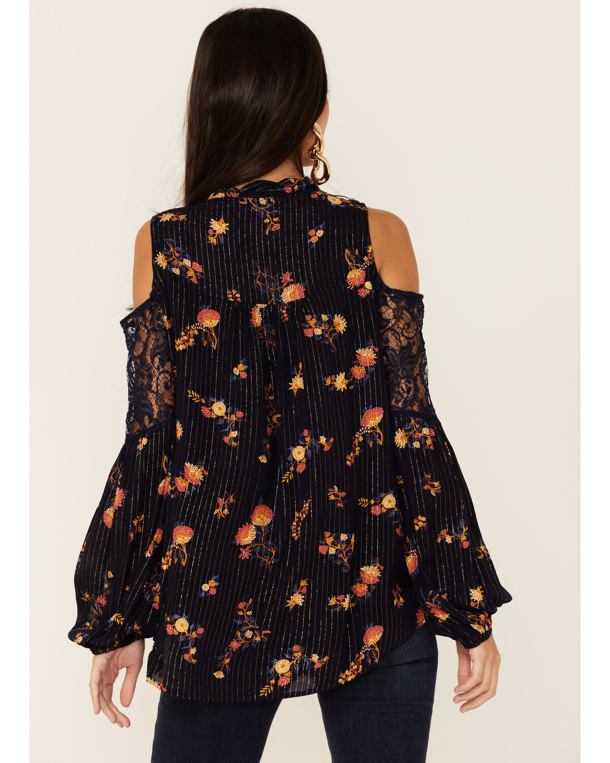 Image #4 - Miss Me Women's Cold Shoulder Long Sleeve Floral Top, Navy, hi-res
