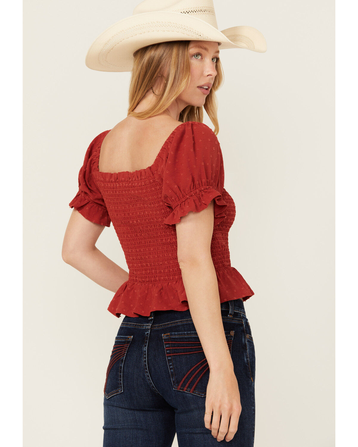 Image #4 - Wild Moss Women's Smocked Short Sleeve Shirt, Rust, hi-res