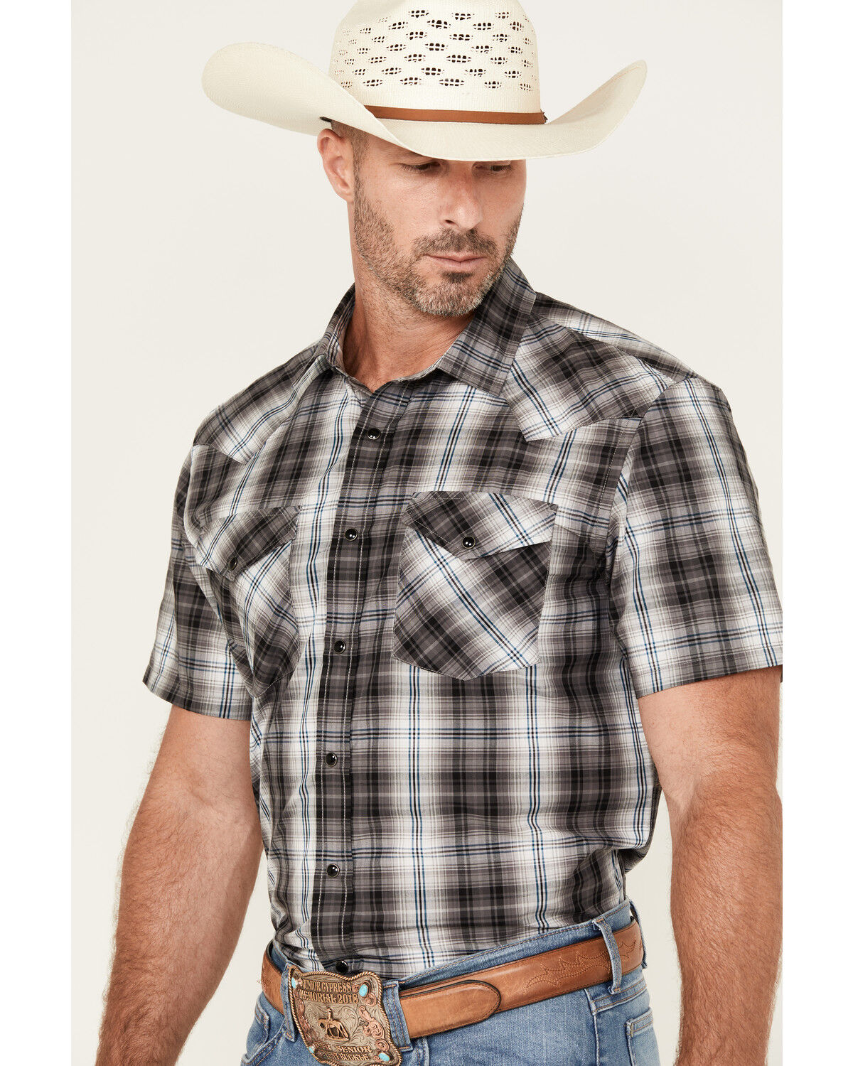 Image #2 - Pendleton Men's Boot Barn Exclusive Frontier Plaid Print Short Sleeve Snap Western Shirt, Grey, hi-res