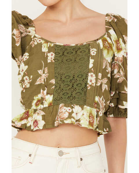 Image #3 - Band of the Free Women's Crochet Floral Print Top, Sage, hi-res