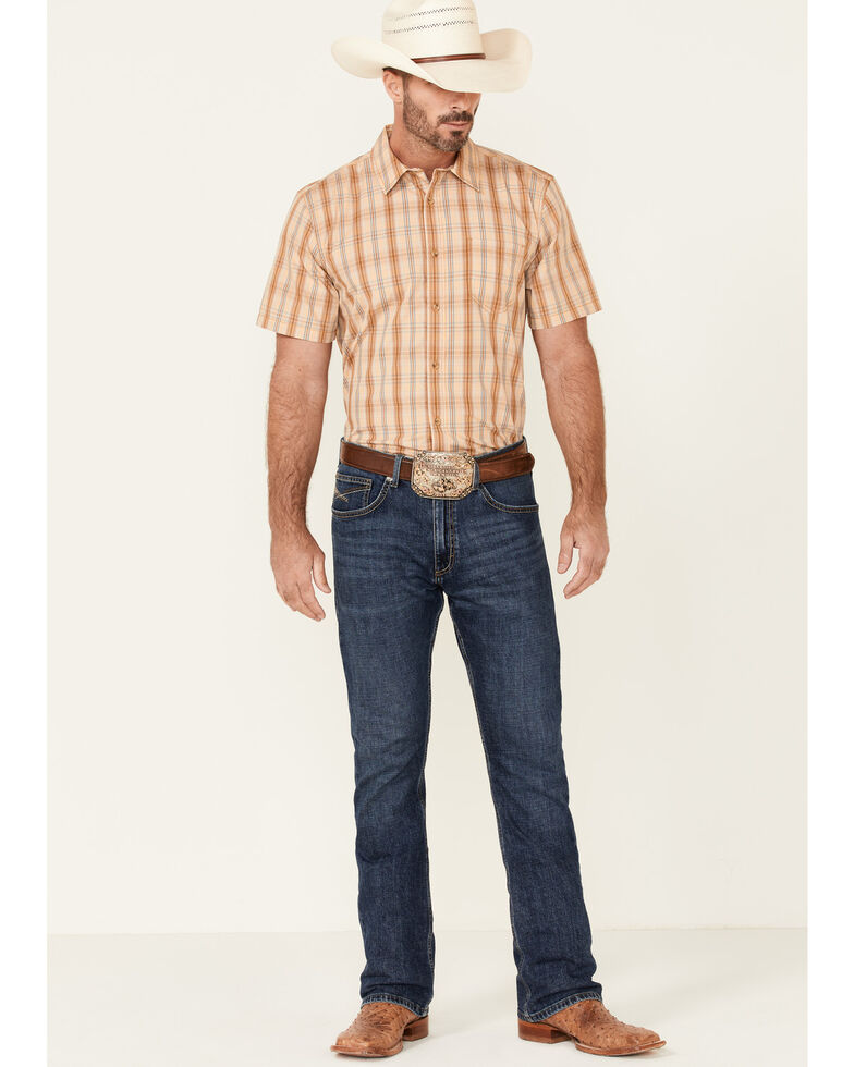 Gibson Men's Nation Plaid Short Sleeve Button-Down Western Shirt , Tan, hi-res