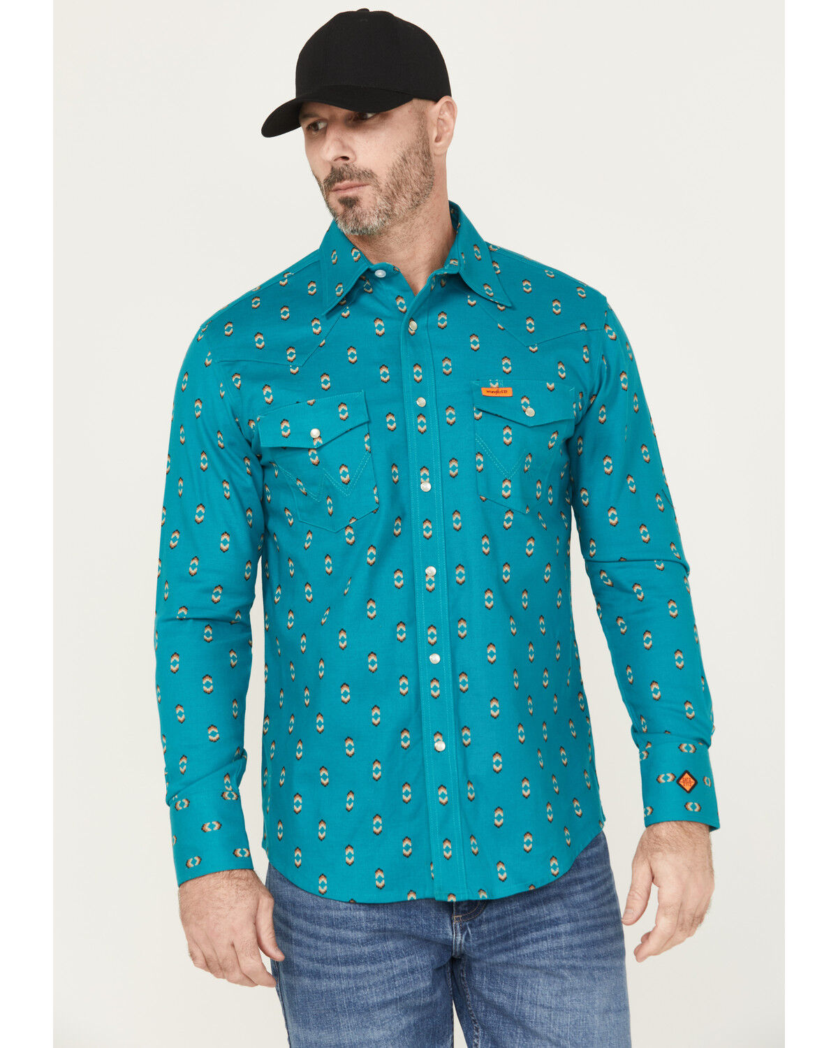 Image #1 - Wrangler Men's FR Checotah Southwestern Print Long Sleeve Snap Work Shirt, Green, hi-res