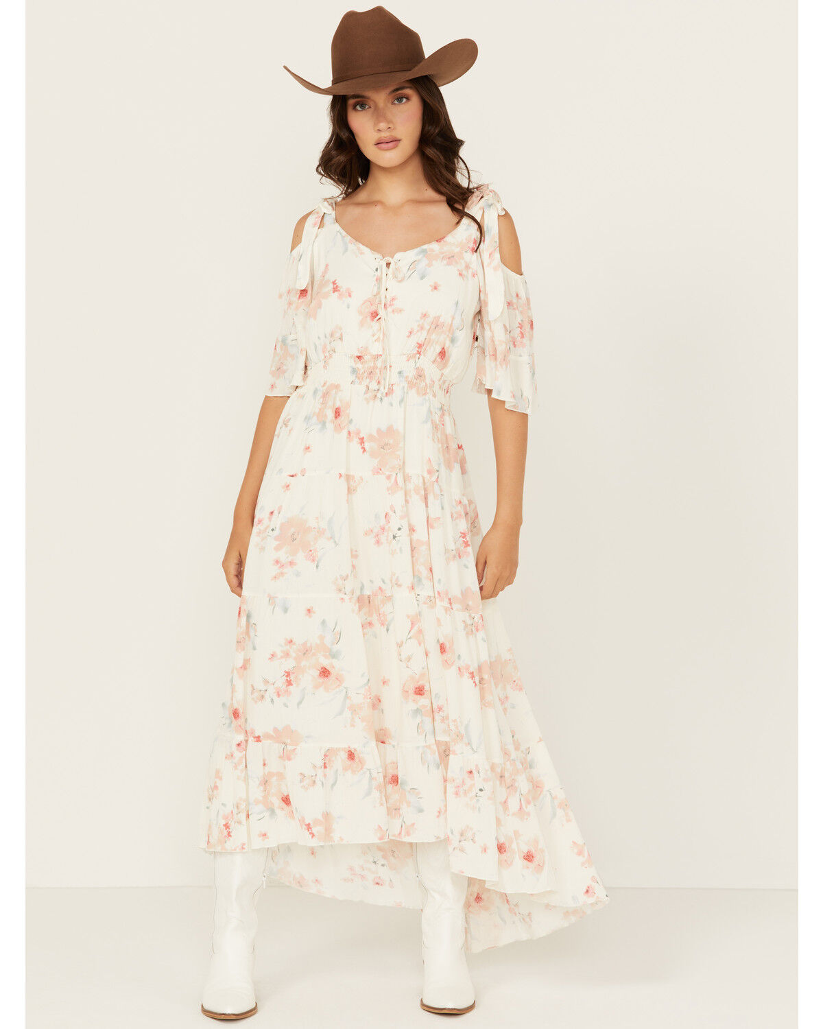 Image #1 - Wild Moss Women's Floral Print Cold Should High-Low Dress, Ivory, hi-res