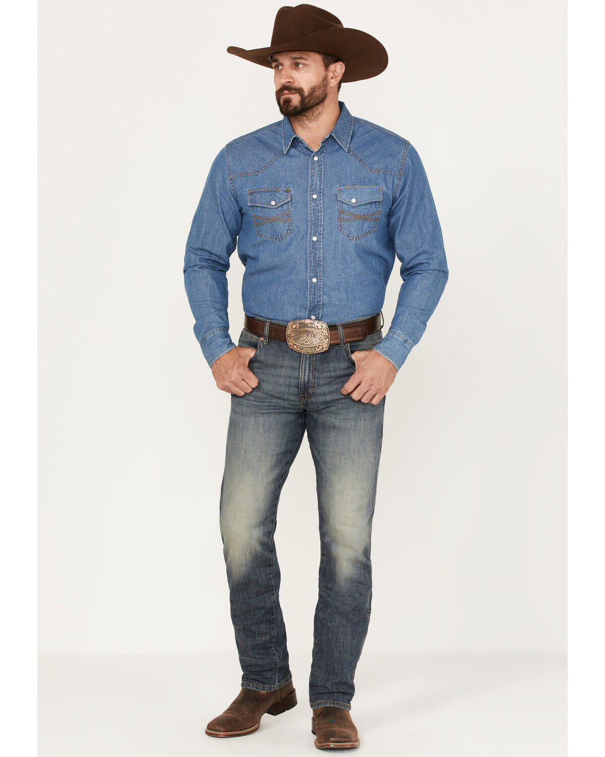 Image #1 - Wrangler Retro Men's Dark Knight Medium Wash Stretch Slim Straight Jeans, Medium Wash, hi-res