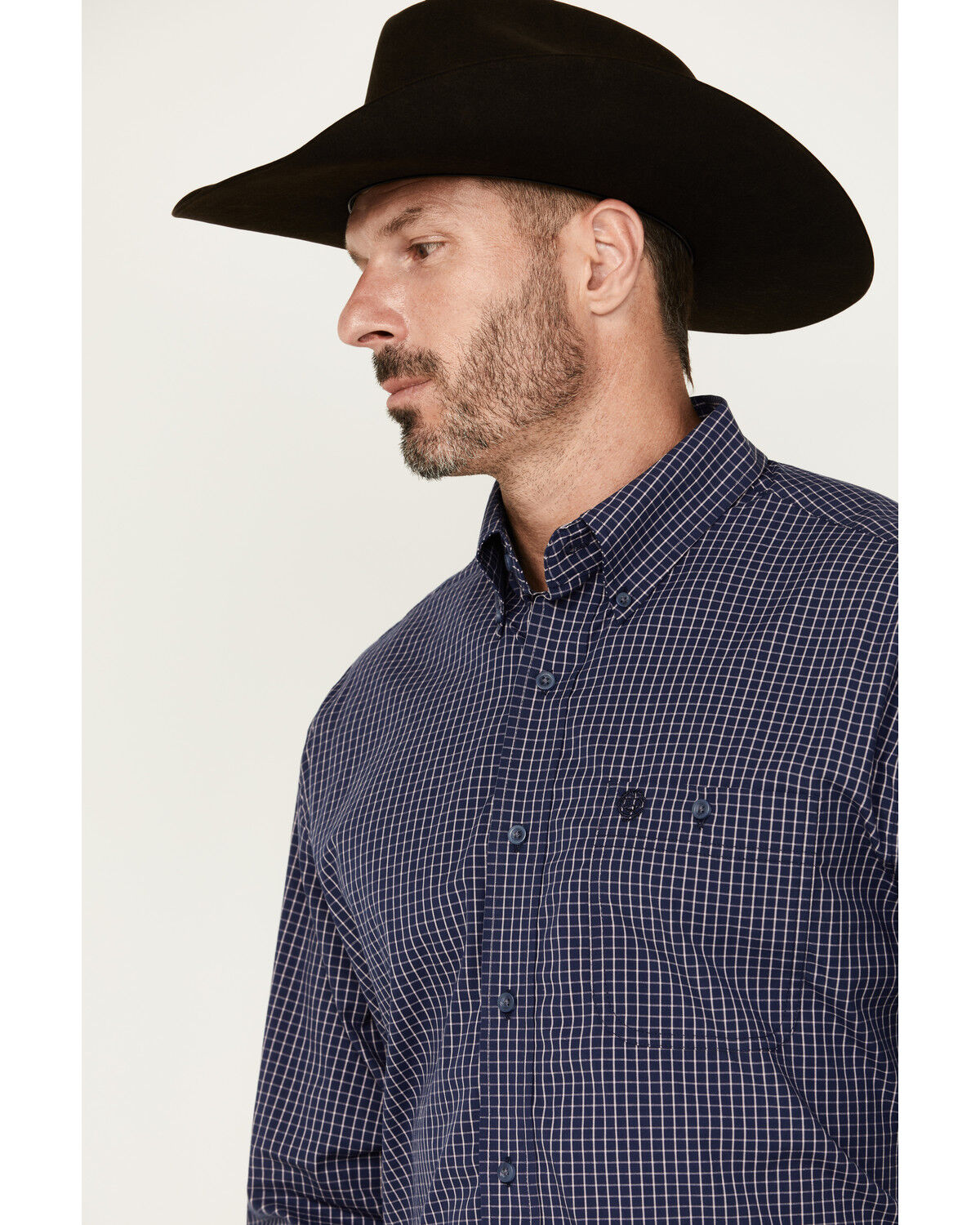 Image #2 - George Strait By Wrangler Men's Plaid Print Long Sleeve Button-Down Stretch Western Shirt, Navy, hi-res