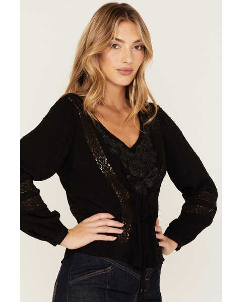 Image #2 - Idyllwind Women's Romance Floral Embroidered Swiss Dot Blouse, Black, hi-res