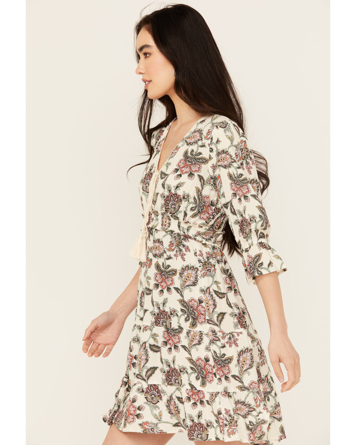 Image #2 - Wild Moss Women's Printed Crochet Trim Mini Dress, Ivory, hi-res