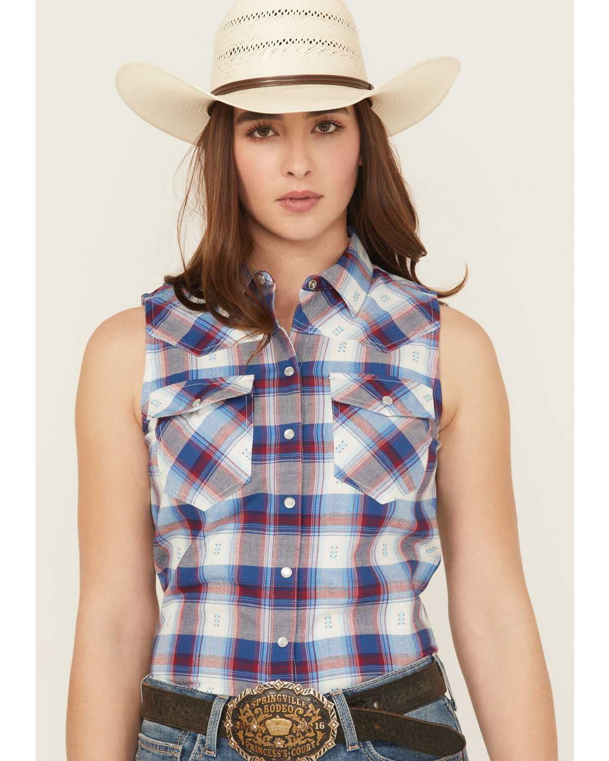 Image #1 - Shyanne Women's Dobby Plaid Print Sleeveless Snap Western Shirt, Indigo, hi-res