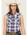 Image #1 - Shyanne Women's Dobby Plaid Print Sleeveless Snap Western Shirt, Indigo, hi-res