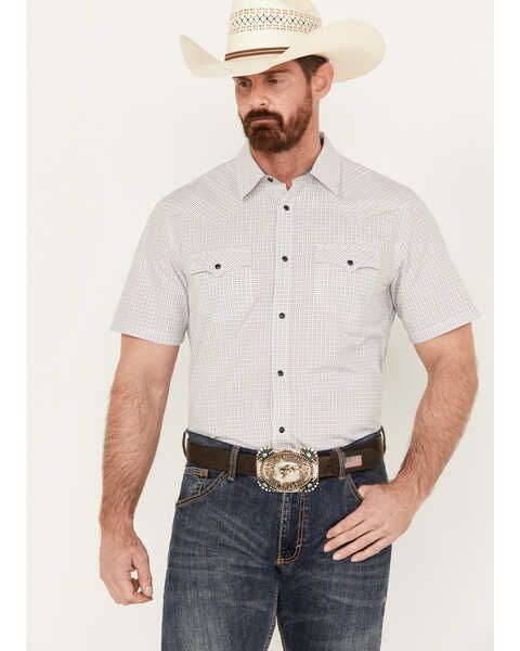 Cody James Men's Lake Travis Plaid Print Short Sleeve Western Snap Shirt, White, hi-res