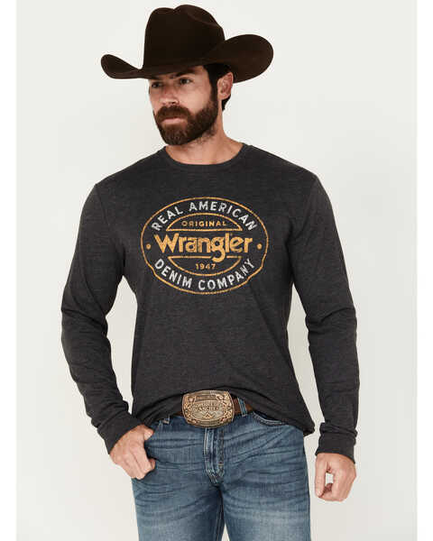 Wrangler Men's Real American Logo Long Sleeve T-Shirt, Grey, hi-res
