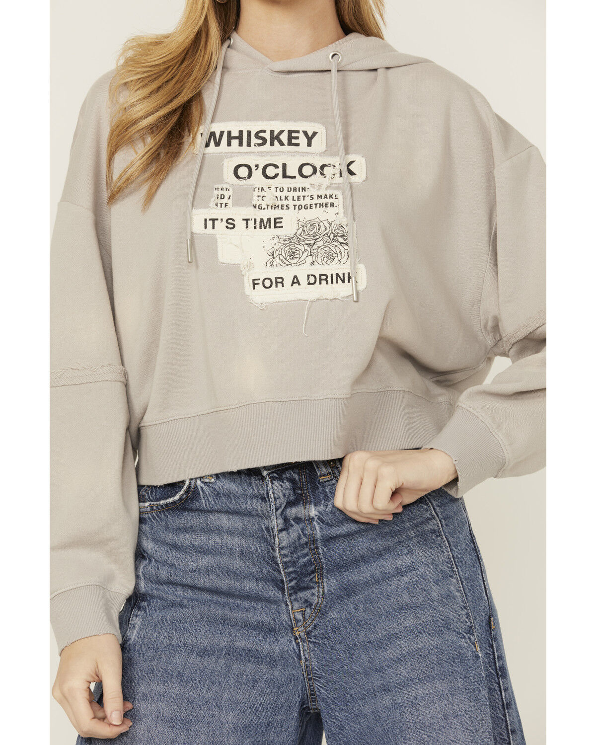 Image #3 - Cleo + Wolf Women's Whiskey O' Clock Graphic Cropped Hoodie, Light Grey, hi-res
