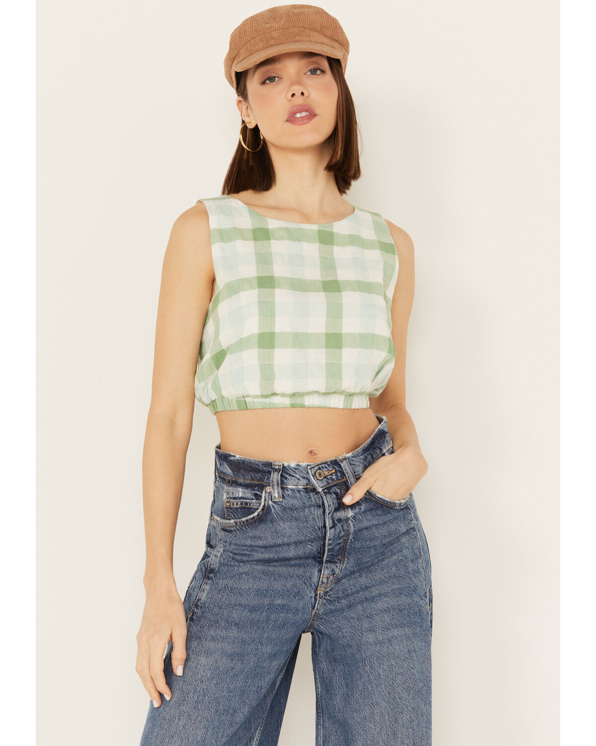 Image #1 - By Together Women's Gingham Print Cropped Sleeveless Top, Green, hi-res