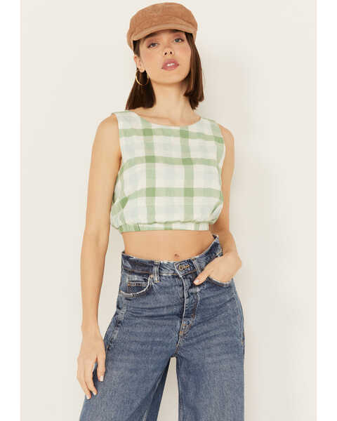 Image #1 - By Together Women's Gingham Print Cropped Sleeveless Top, Green, hi-res