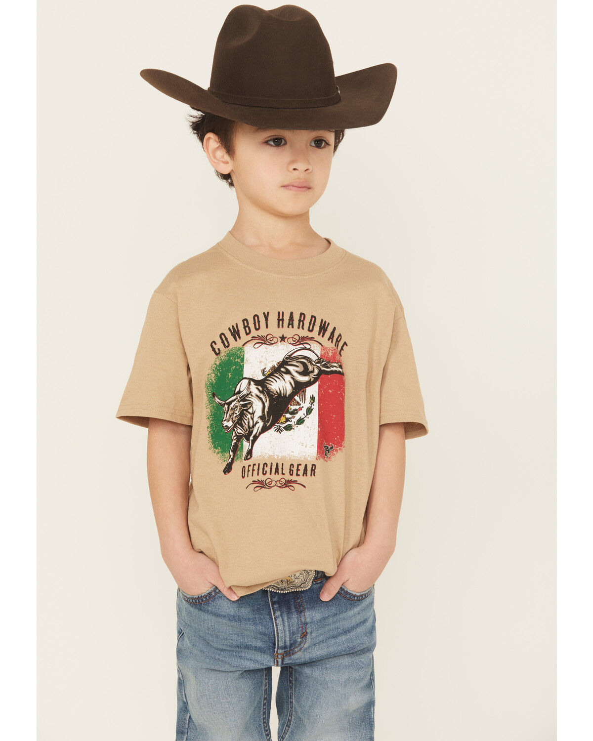Image #1 - Cowboy Hardware Boys' Mexico Flag Bucking Bull Short Sleeve Graphic T-Shirt, Tan, hi-res